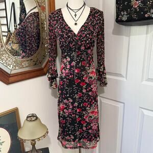 VTG Y2K IN San Francisco Black & Pink Floral Bell Sleeve Romantic Whimsy Dress
